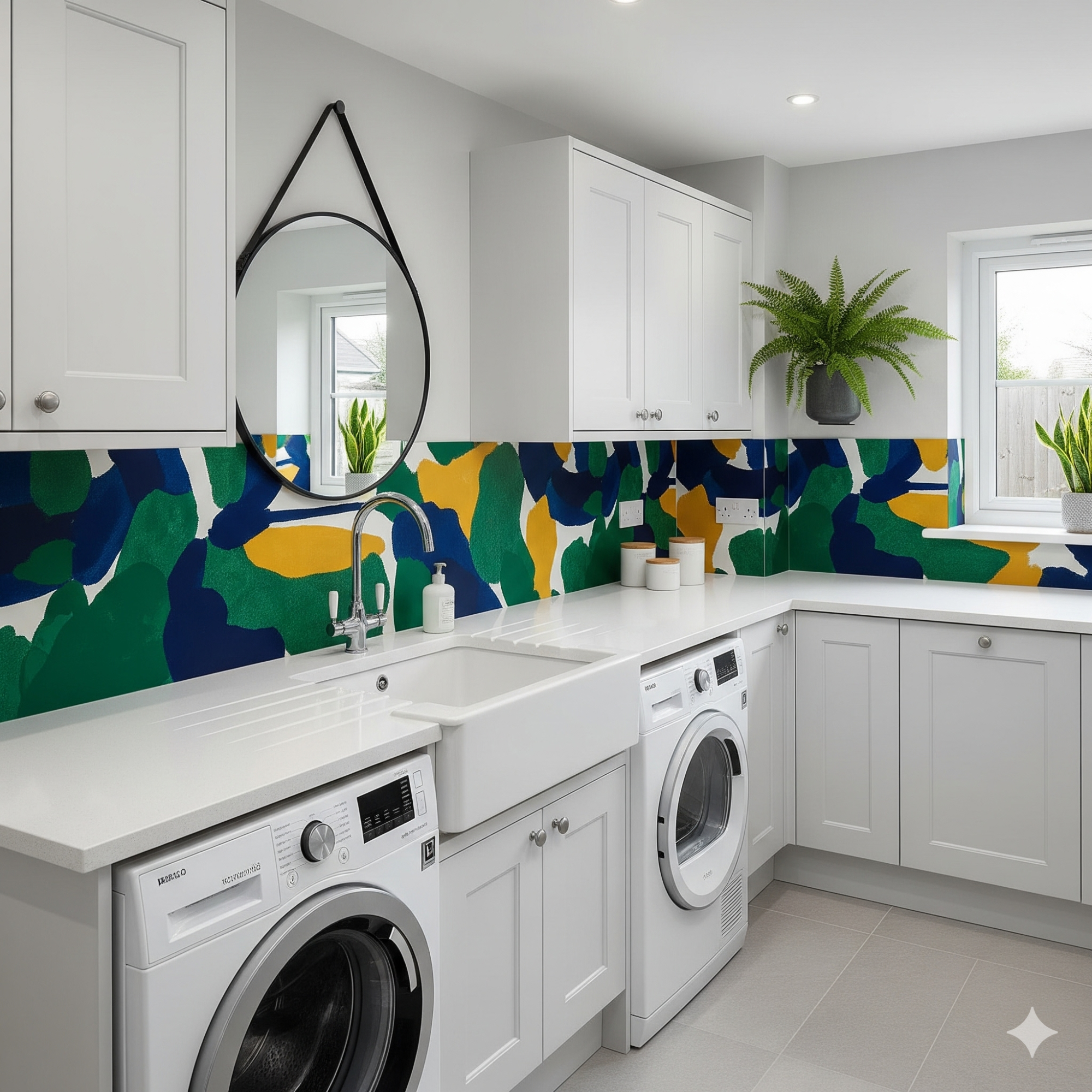 Statement Splashbacks Modern laundry room with white cabinets, a bold patterned backsplash, and indoor plants.
