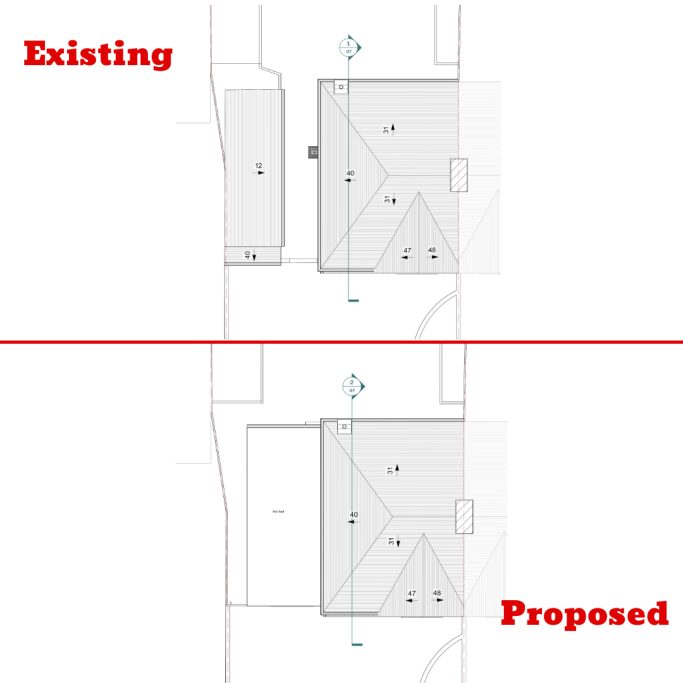 Existing and proposed roof plan Comparison of existing and proposed layouts, showing changes in dimensions and positioning.