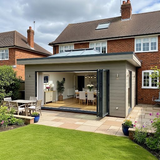 Modern extension of a house with large sliding doors overlooking a patio and garden.