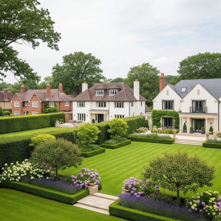 UK Home Rooms Lush garden with neatly trimmed hedges and elegant houses in the background.