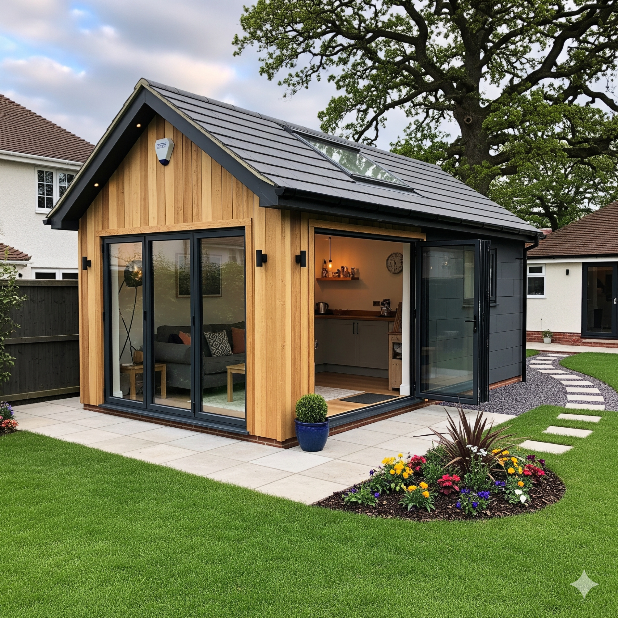 Customisation A modern wooden garden room with large windows, surrounded by greenery and flower beds.