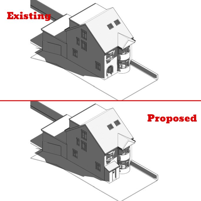 Existing and proposed 3D views Comparison of existing and proposed building designs, highlighting structural changes.
