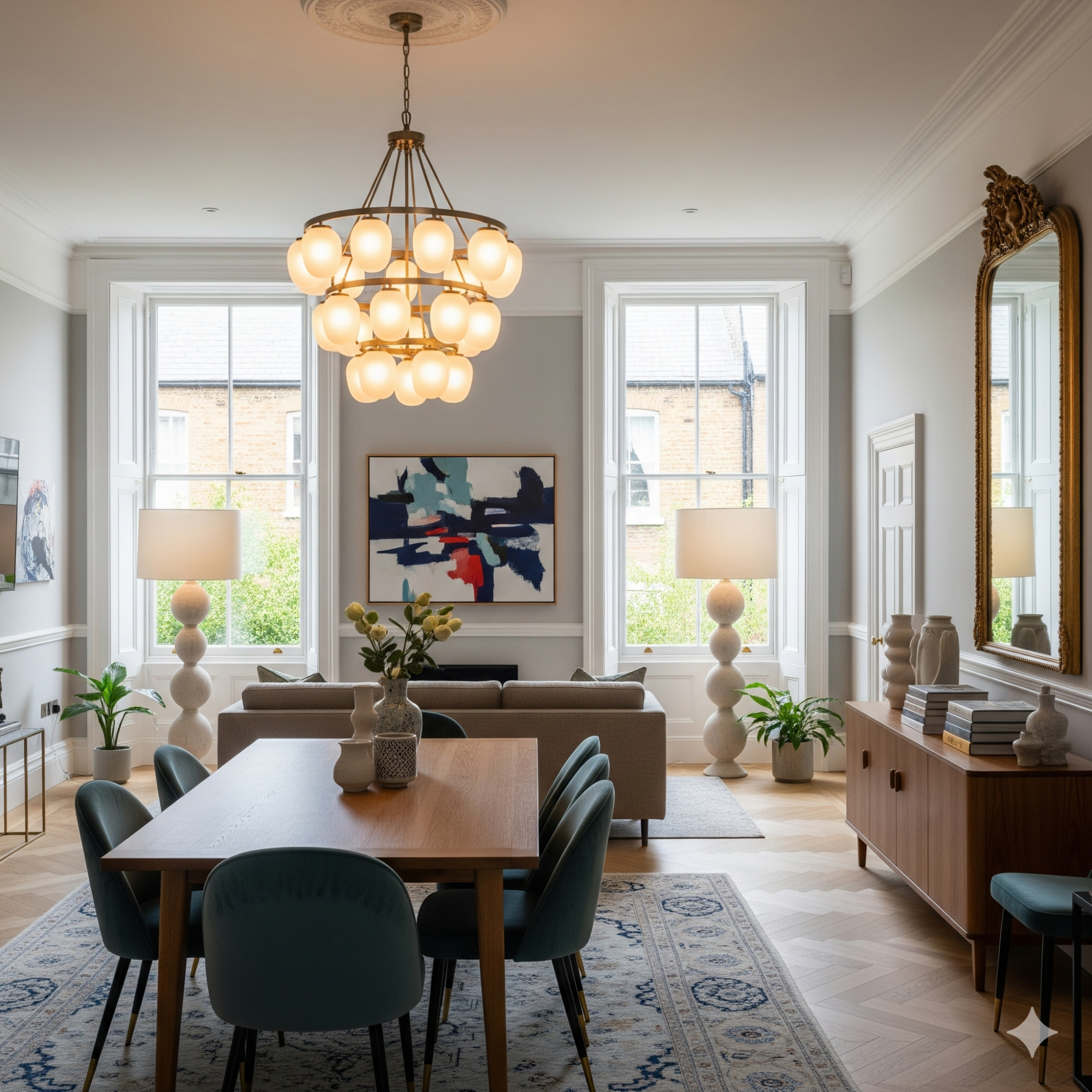 Statement Lighting Modern dining room with a round chandelier, wooden table, and stylish decor.