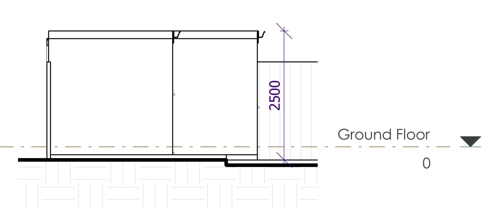Garden Annex - Side Elevation Section drawing of a ground floor, showing walls, dimensions, and elevation markers.