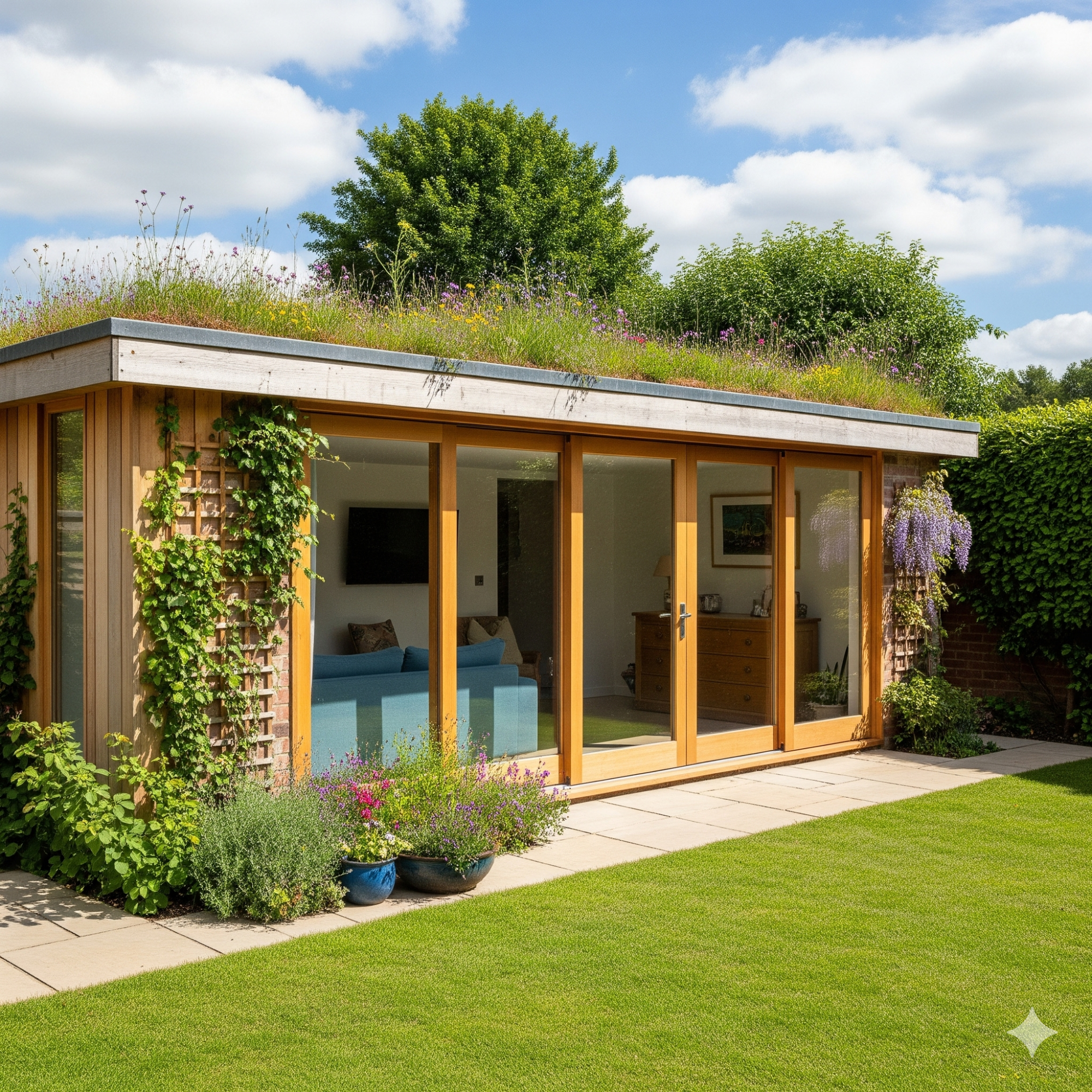 Biophilic Design Modern wooden garden room with a green roof, surrounded by grass and plants.