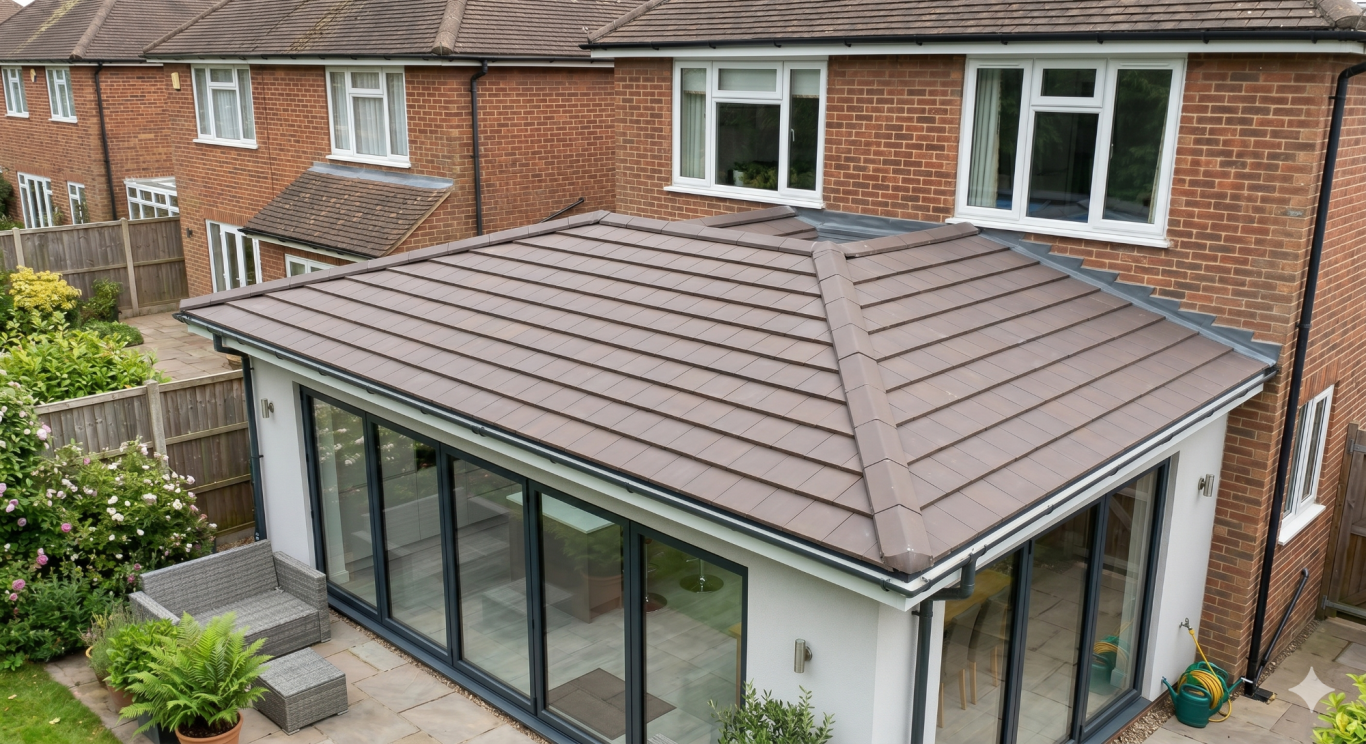 Pitched Tiles A modern extension with a brown metal roof, situated beside a brick house.