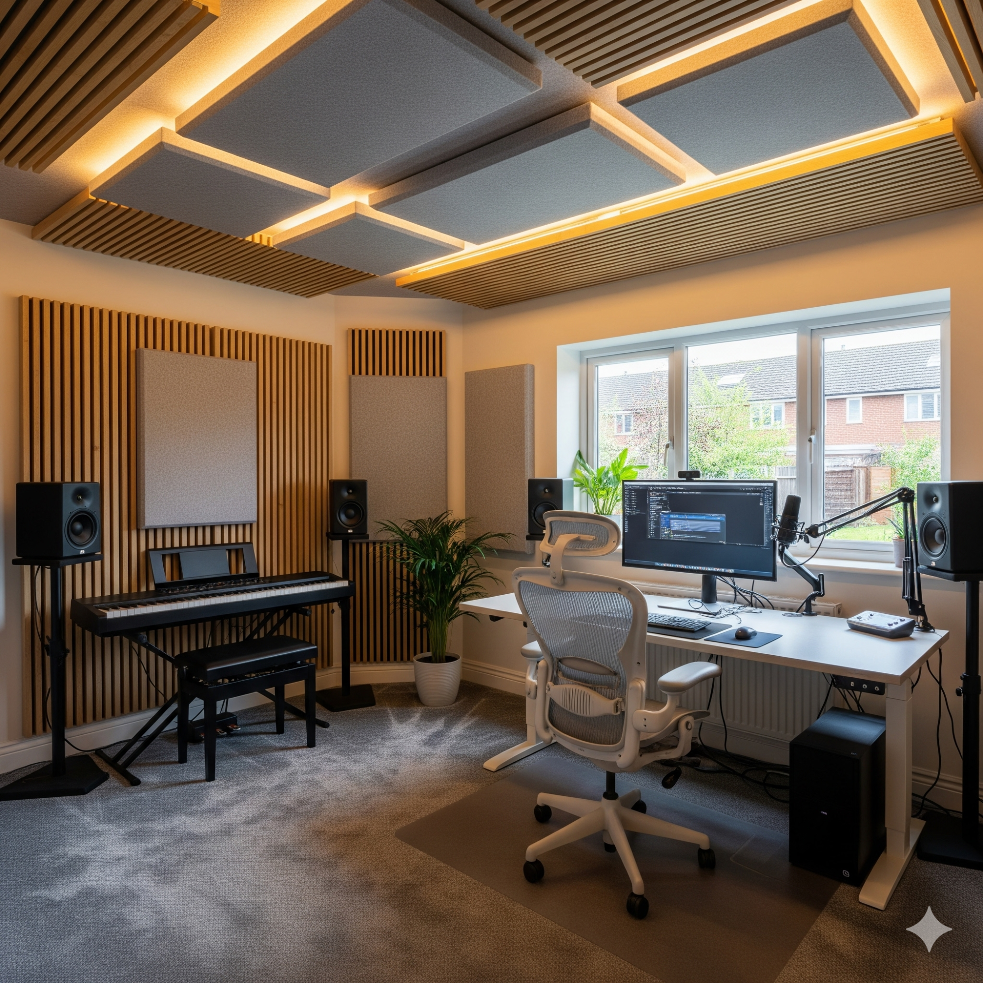 Acoustic Panelling A modern home studio with a keyboard, desk, monitors, and large windows.