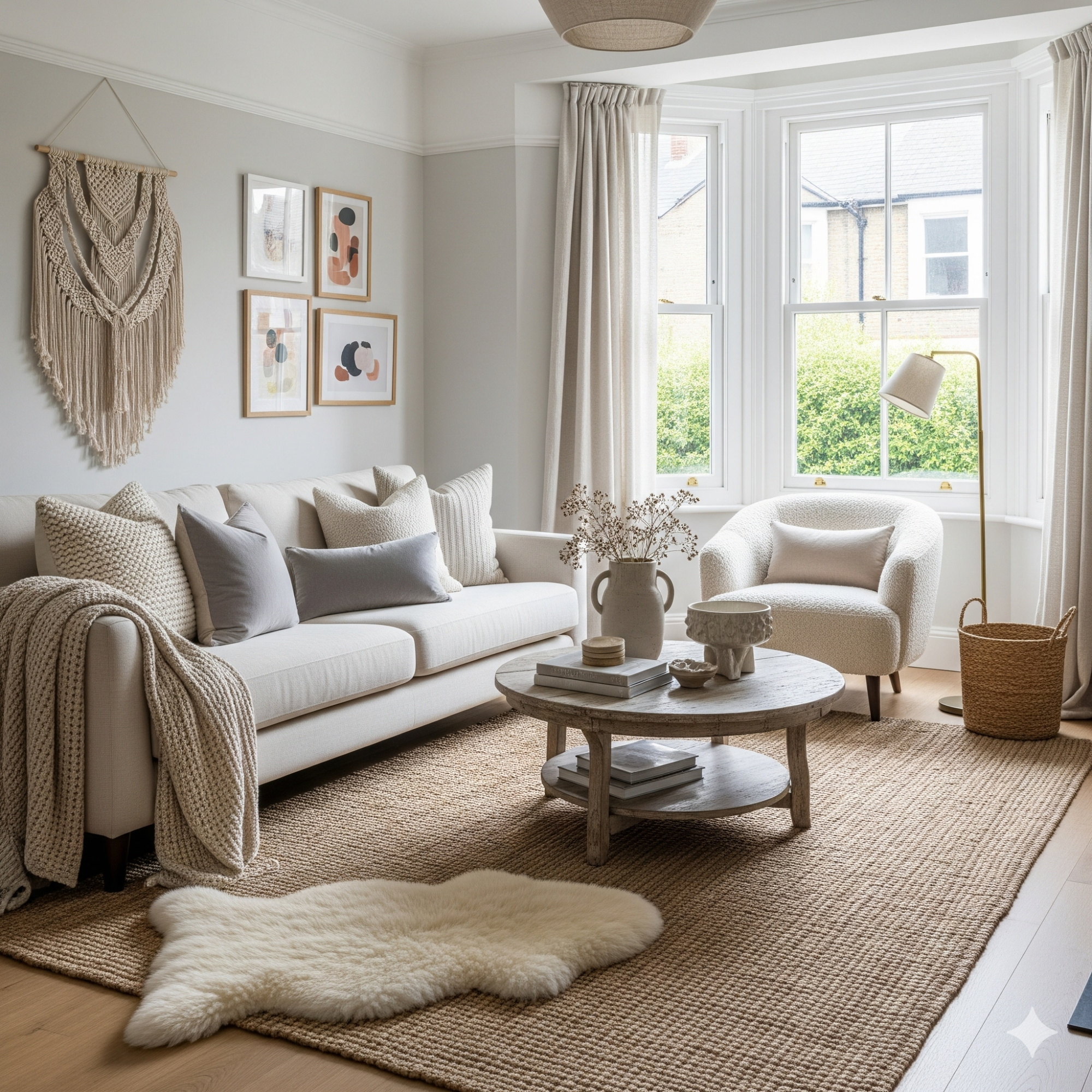 Layered Textures A cozy living room with a neutral colour palette, plush sofa, and natural textures.