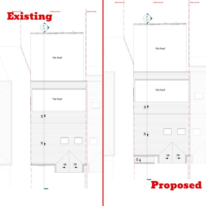 Existing and proposed roof plan Comparison of existing and proposed building layout with annotations.