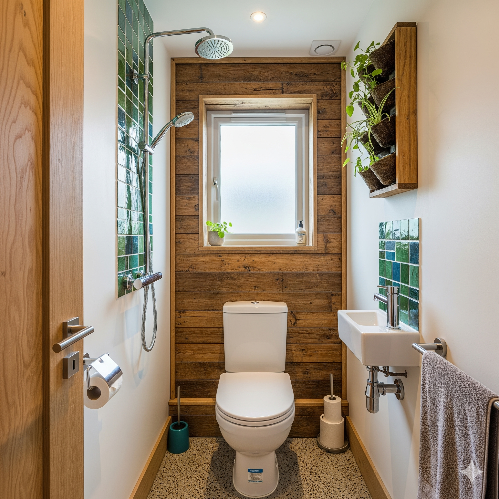 Sustainability Modern bathroom with wooden walls, green tiles, a shower, and small plants by the window.