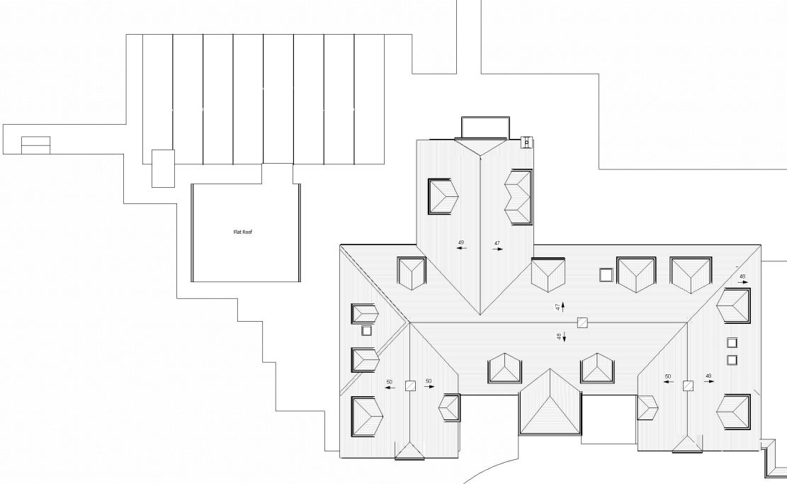 Existing Roof Plan Architectural floor plan of a building with multiple rooms and a central courtyard.