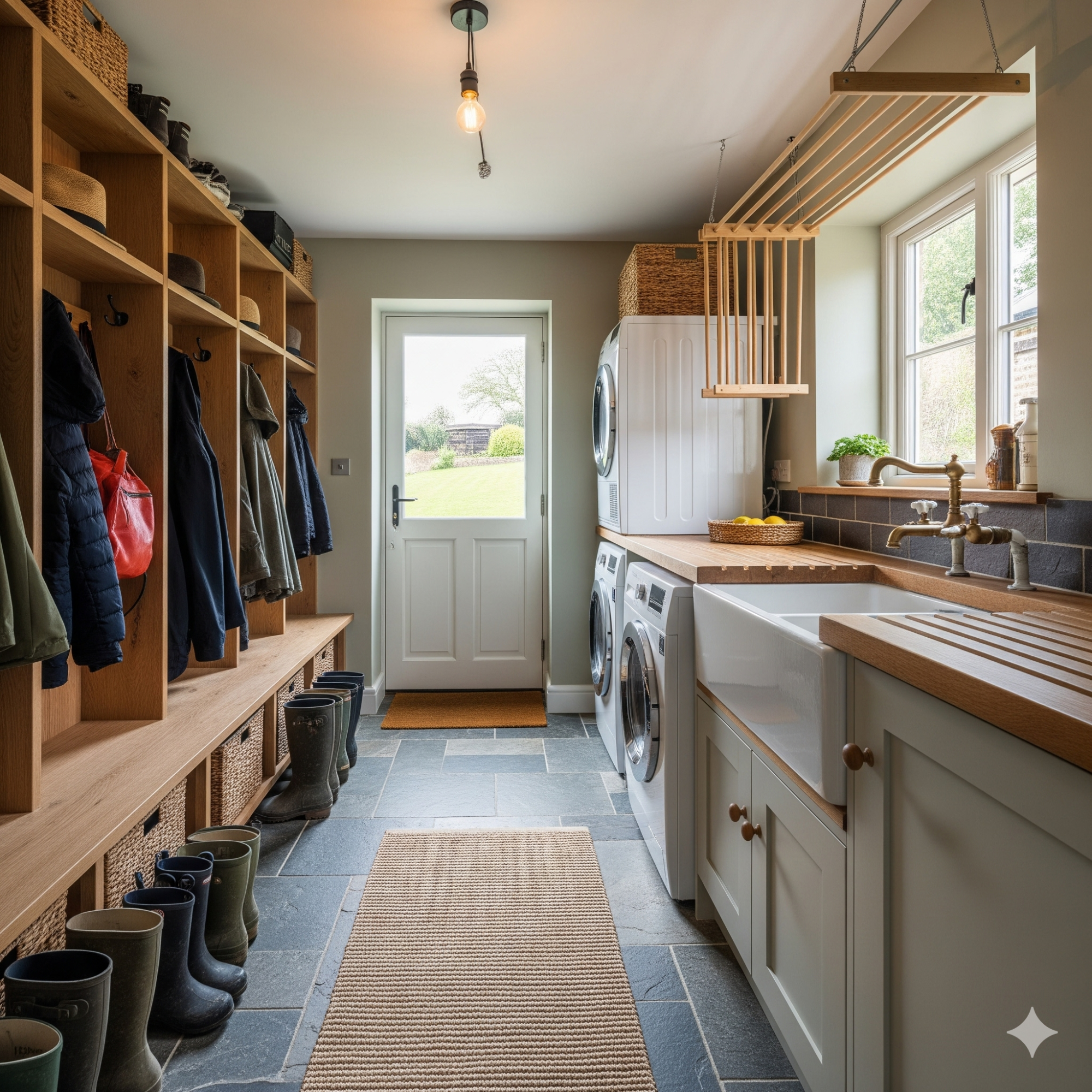 Bootility (Boot Room + Utility Room) Light and airy laundry room with wooden storage, washing machine, and coat hooks.