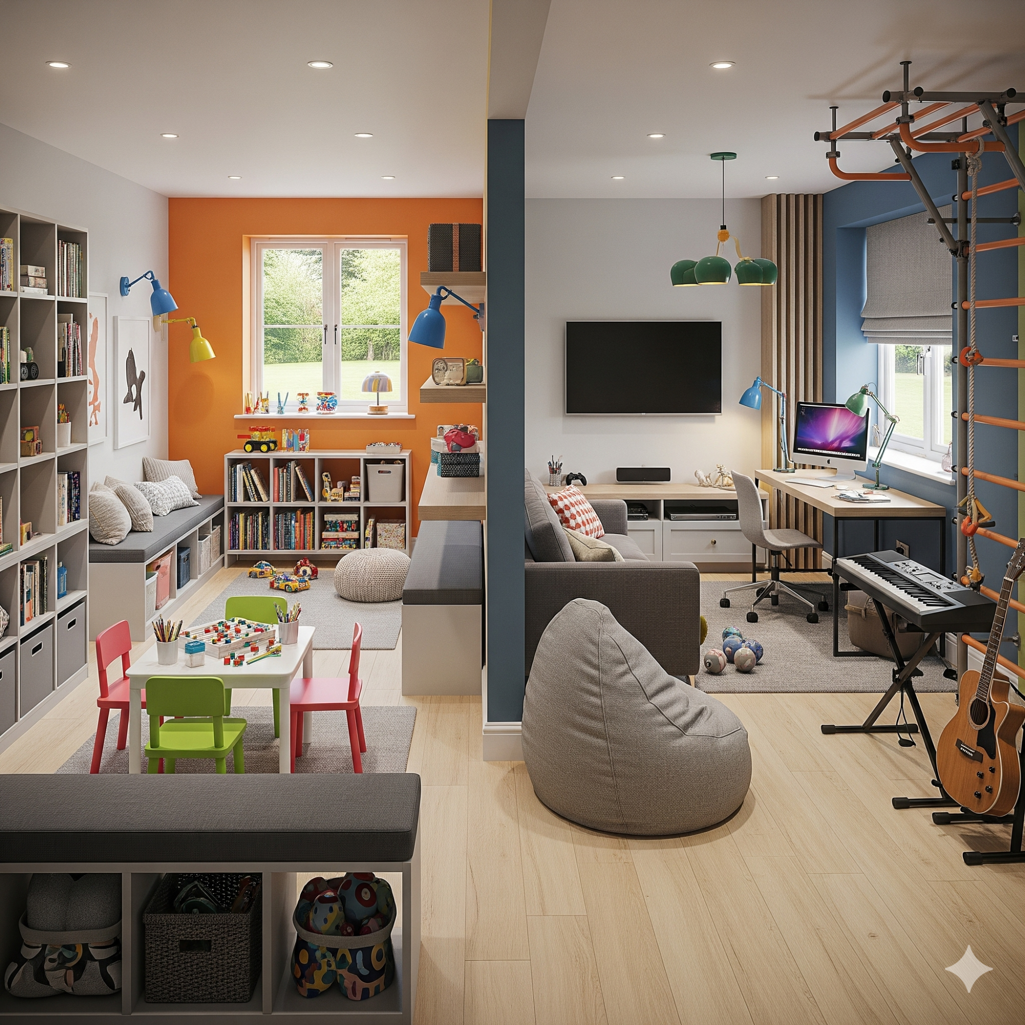 Multifunctionality Stylish, modern playroom with seating, a desk, bookshelves, and a climbing wall.