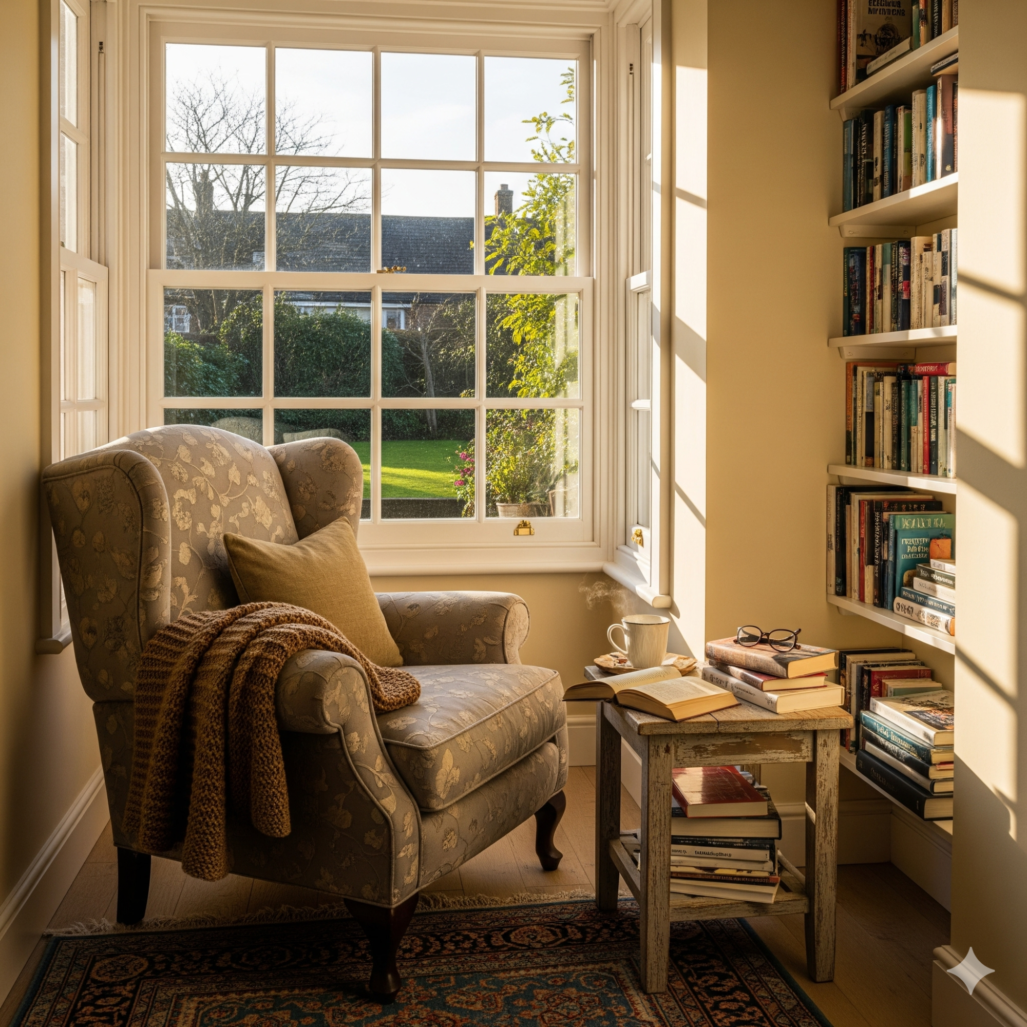 The Tucked-Away Nook Cosy reading nook with an armchair, side table, and bookshelf by a sunny window.
