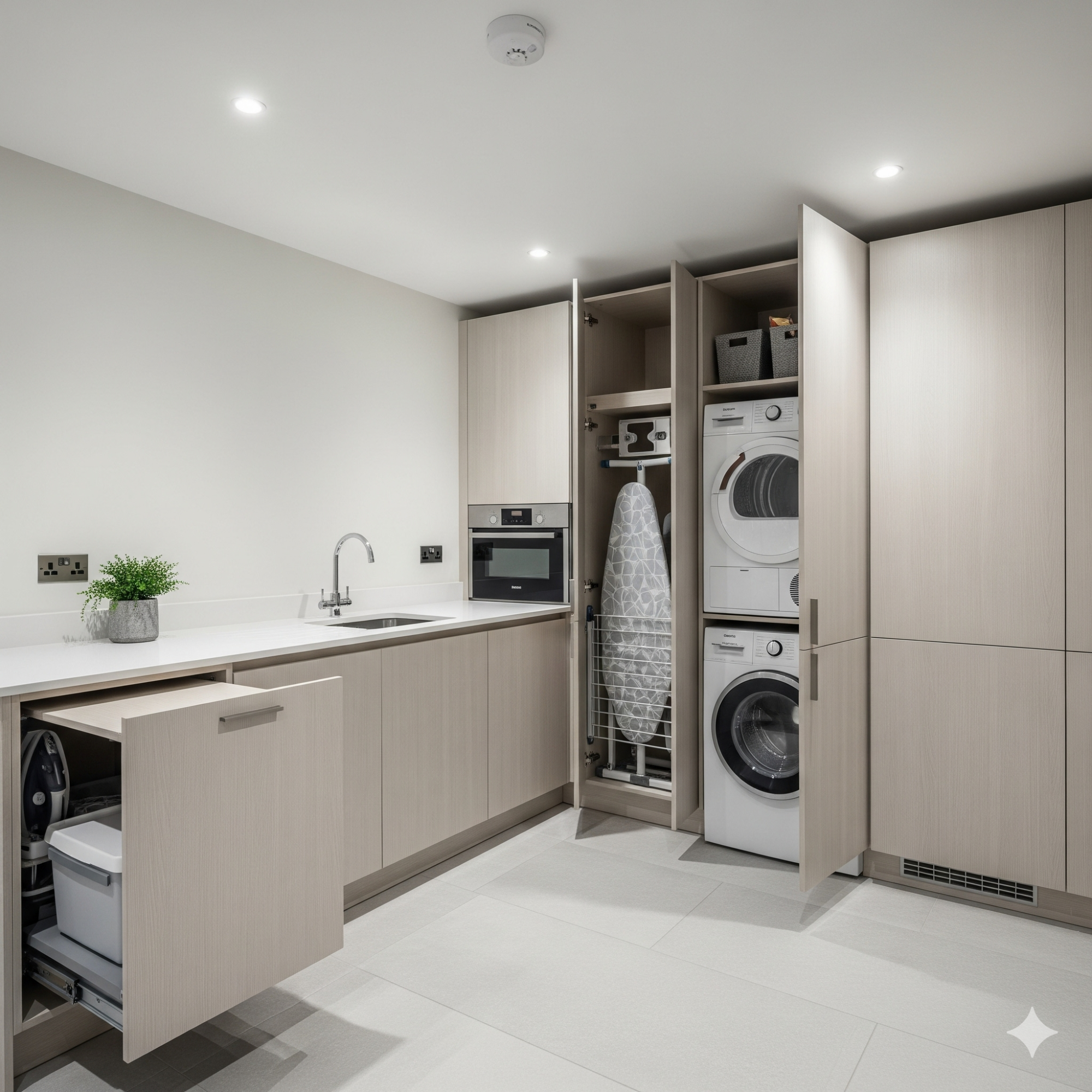 Hidden Storage Modern kitchen with integrated appliances, including a washer and dryer. Light-coloured cabinetry.