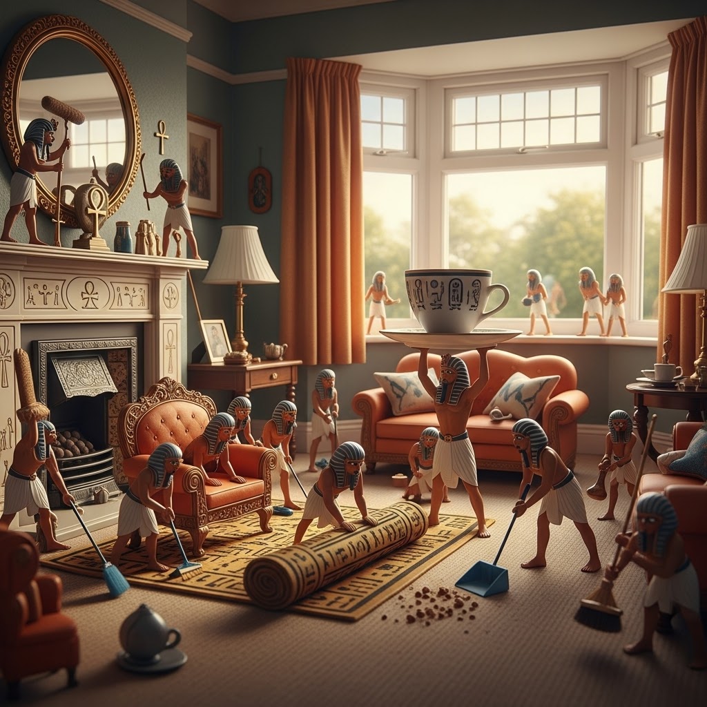 Informal Lounge Small figures resembling ancient Egyptians cleaning a living room adorned with modern furniture.