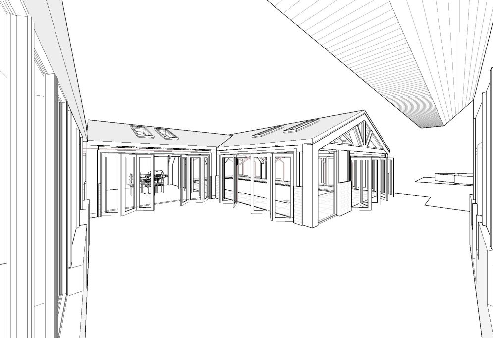 3D view 03 Architectural sketch of a modern courtyard with two buildings and a sloped roof.