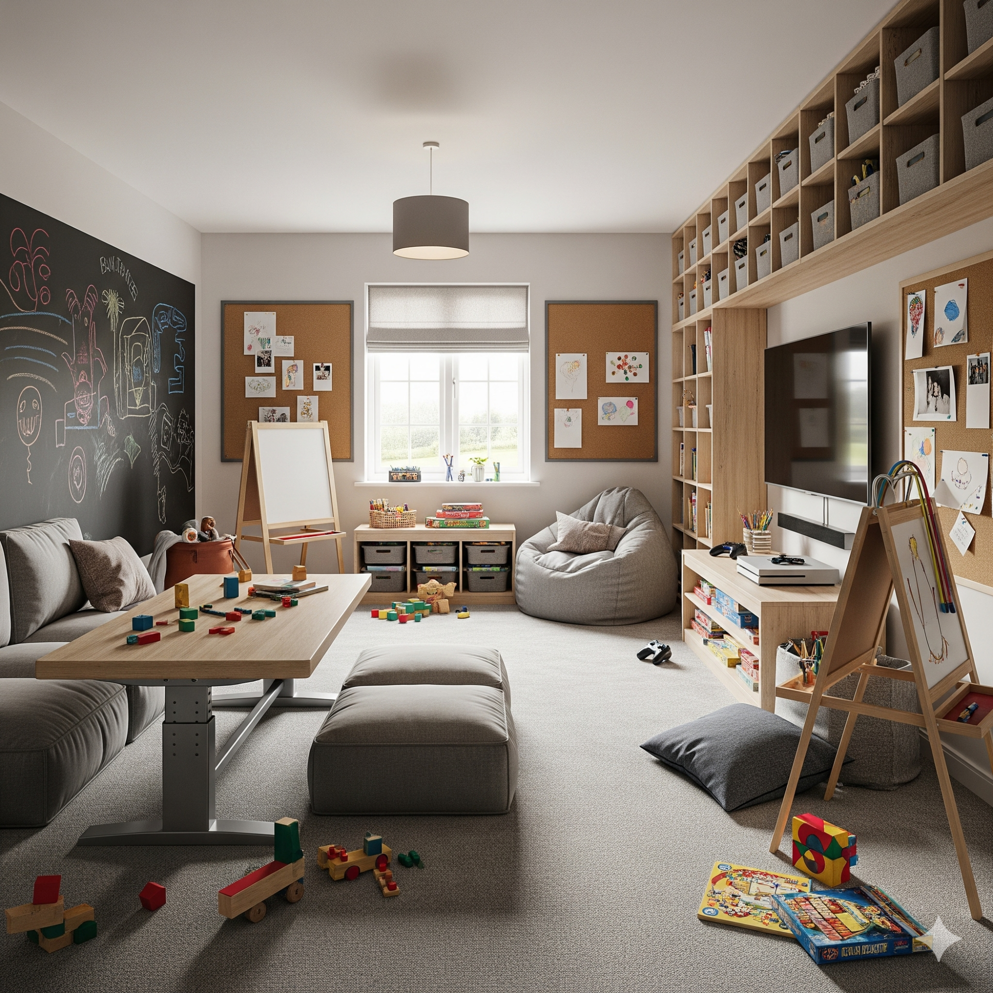 Durability Bright playroom with a large table, toys scattered, bookshelves, and a comfortable seating area.