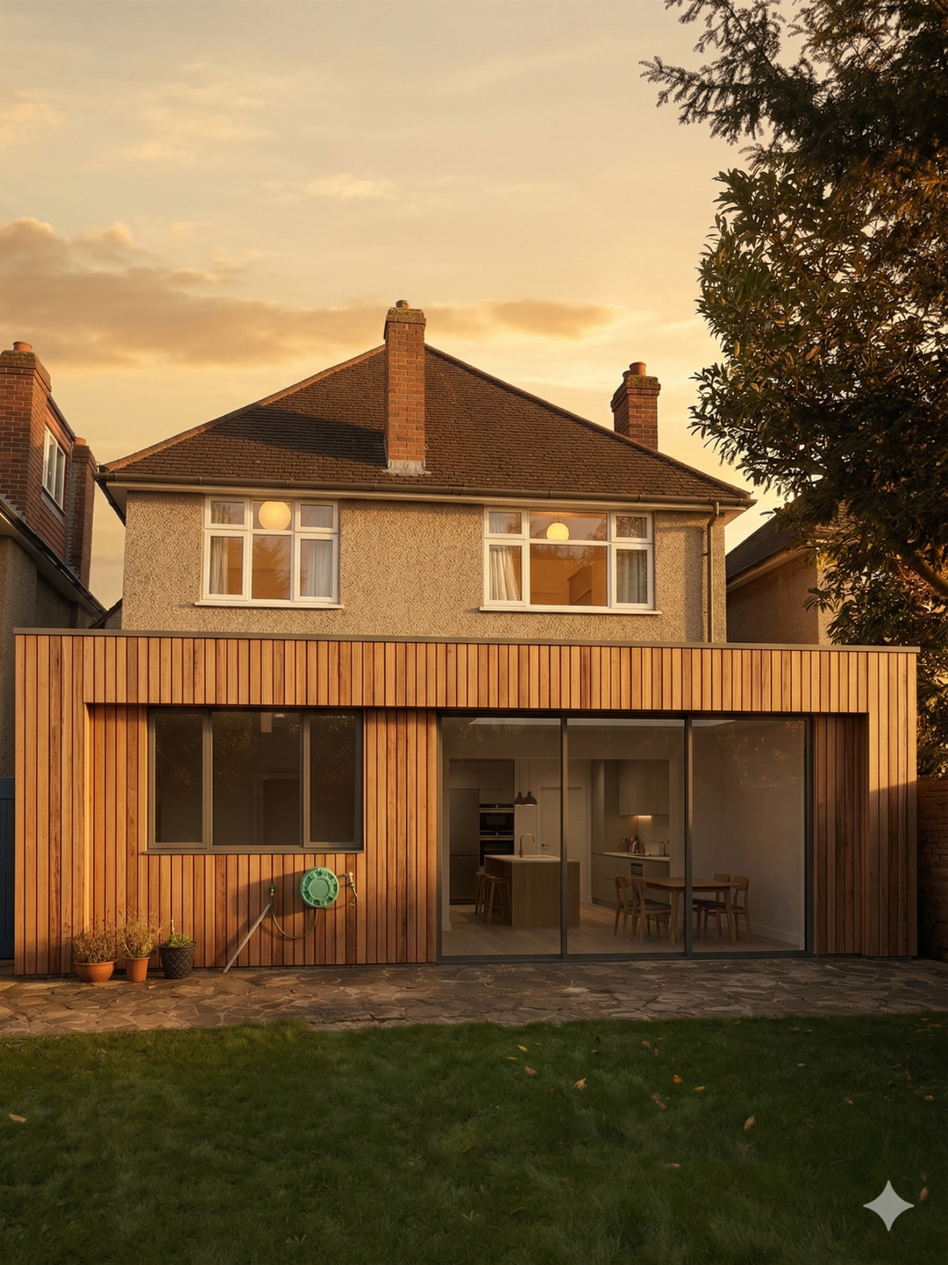 Natural Timber Cladding Modern house with wooden cladding and large windows, set in a lush garden at sunset.