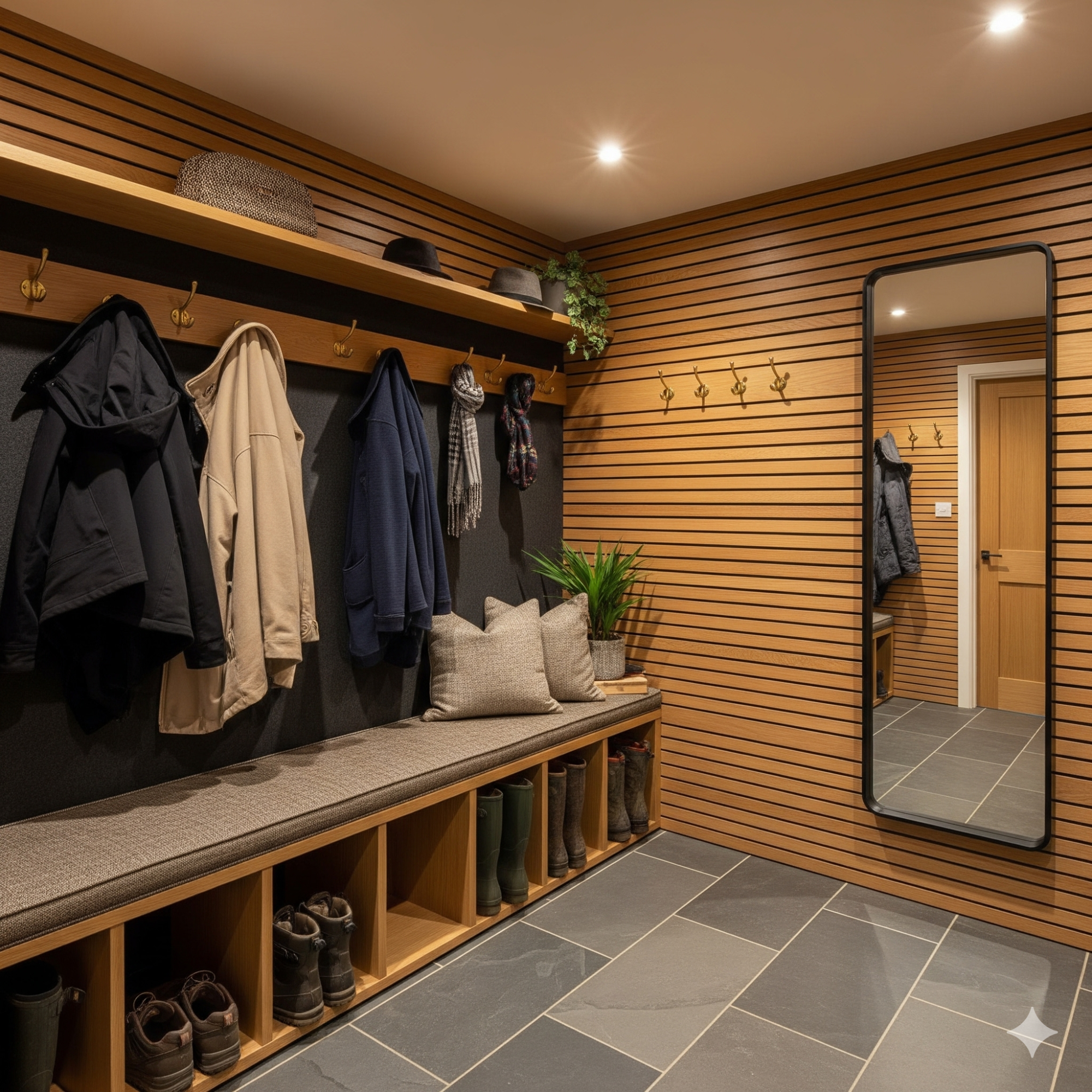 Acoustic Panelling Modern hallway with wooden panelling, hooks for coats, a mirror, and a bench with storage.