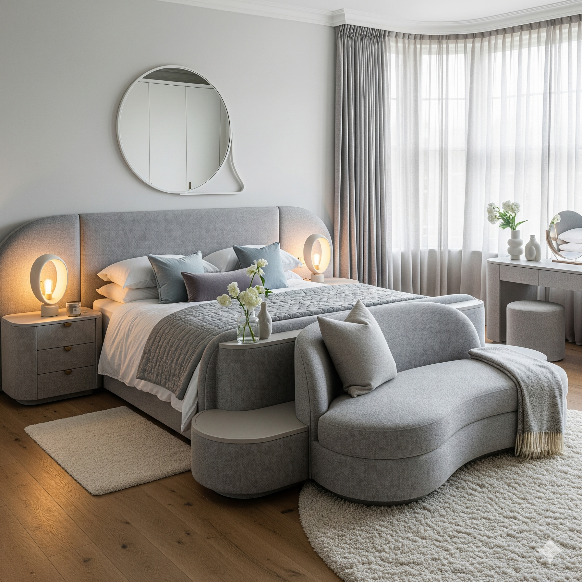 Curved Furniture Modern bedroom featuring a grey bed, curved lounge chair, and large windows with natural light.