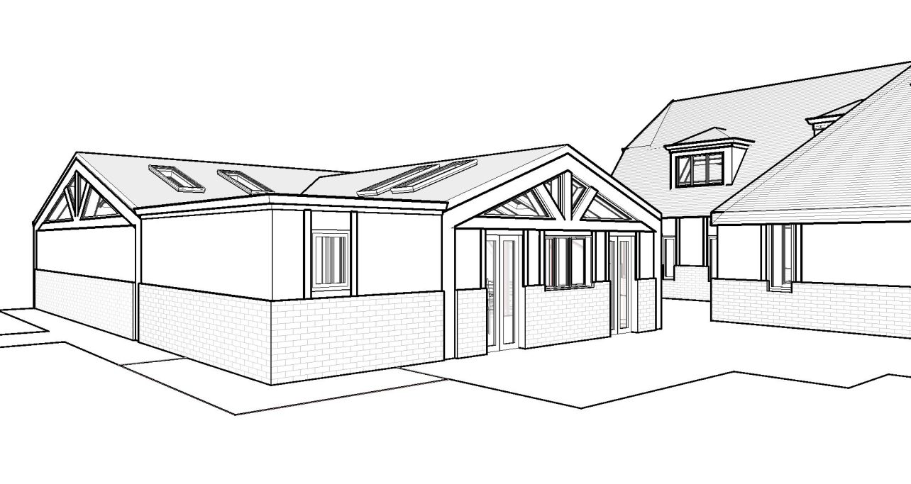 3D view 02 Architectural design of a house with a modern extension and traditional features.