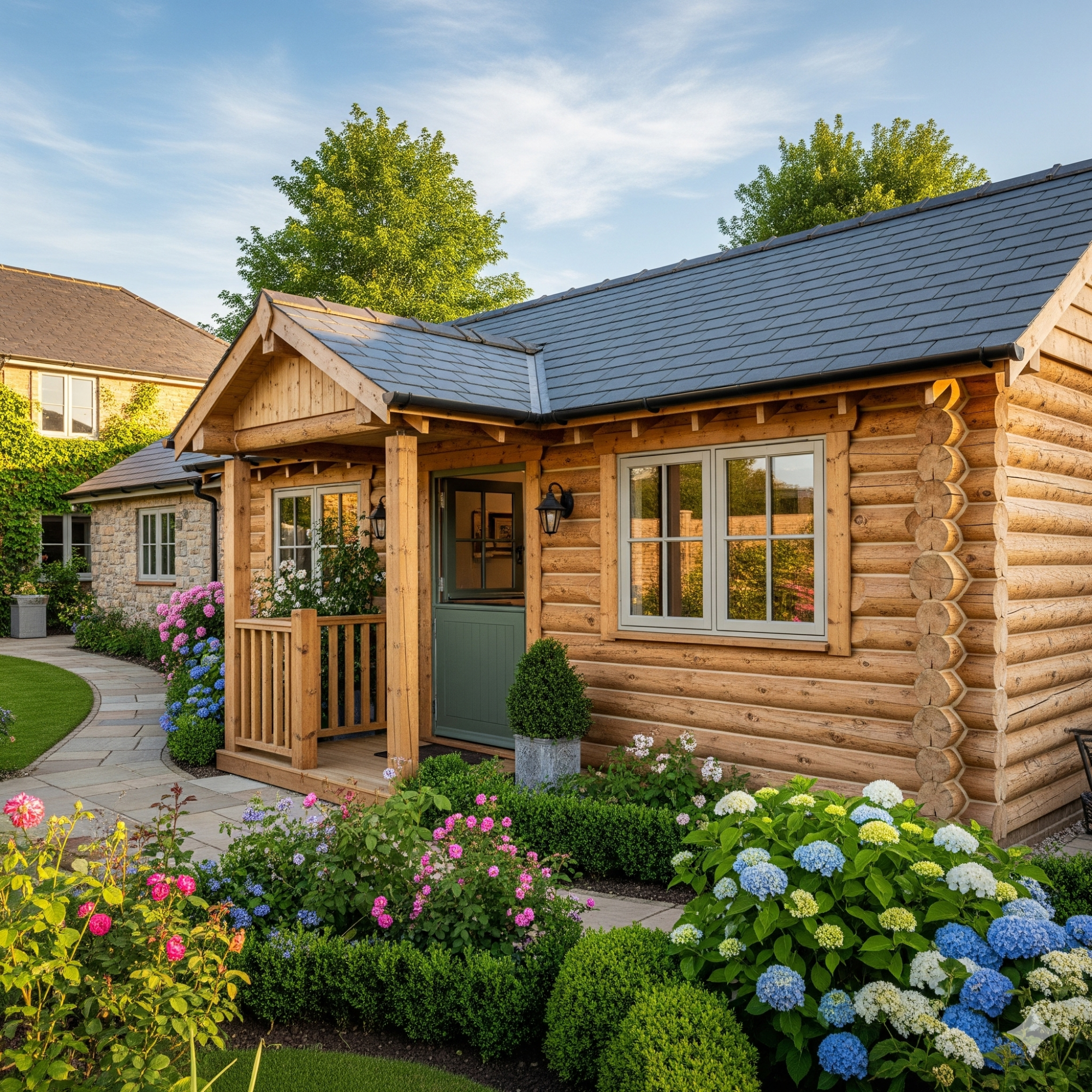 Log Cabin A wooden cabin surrounded by colourful flowers and lush greenery.