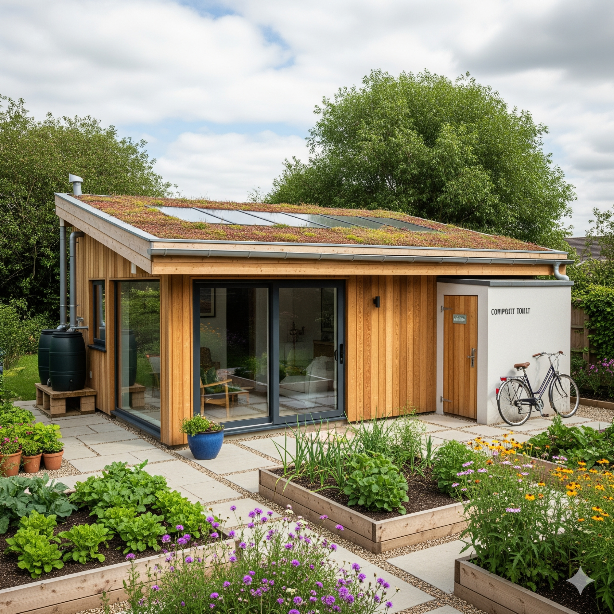 Sustainability A modern wooden house with solar panels, surrounded by gardens and a bicycle.