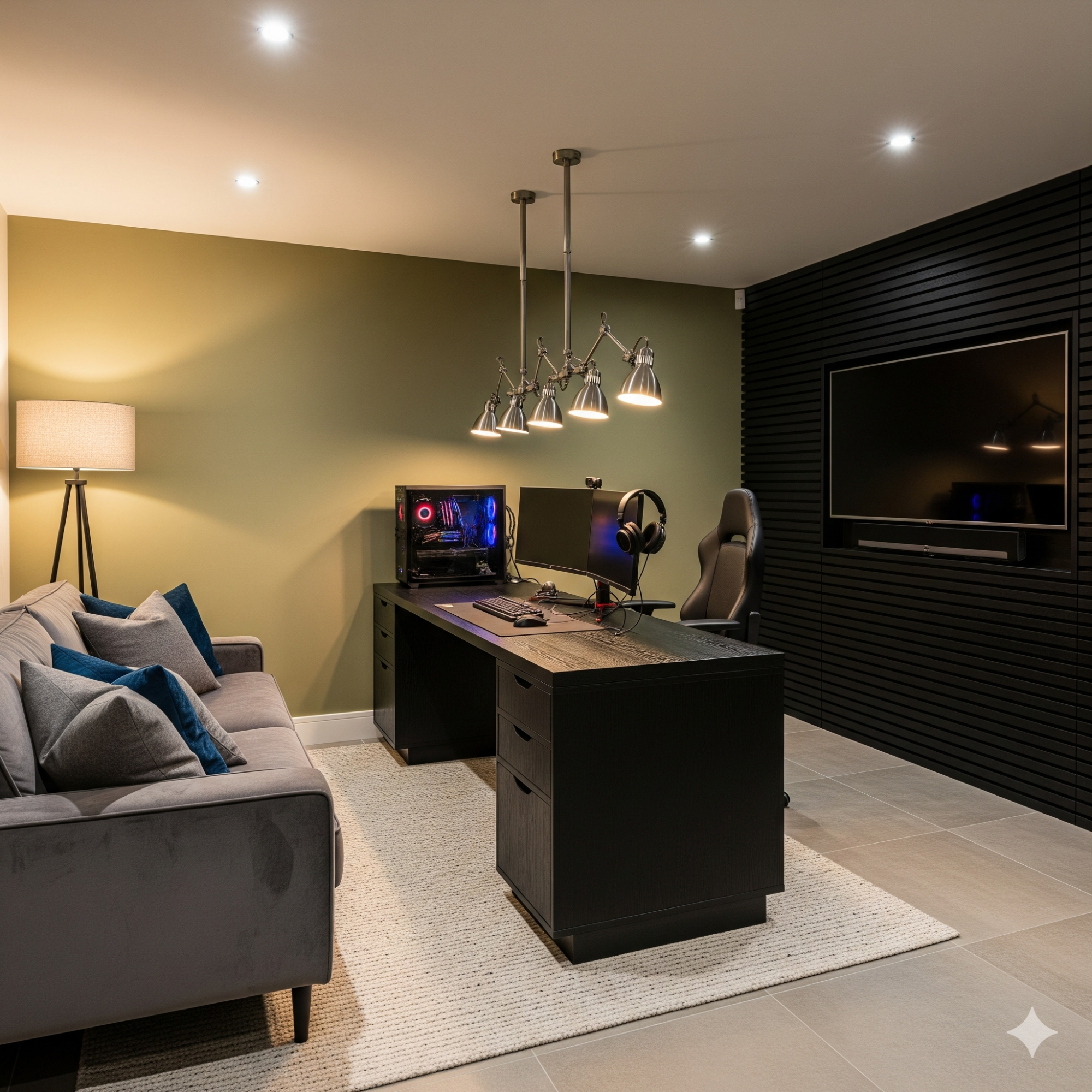 Resimercial Design Modern home office with a sofa, desk, gaming setup, and stylish lighting.