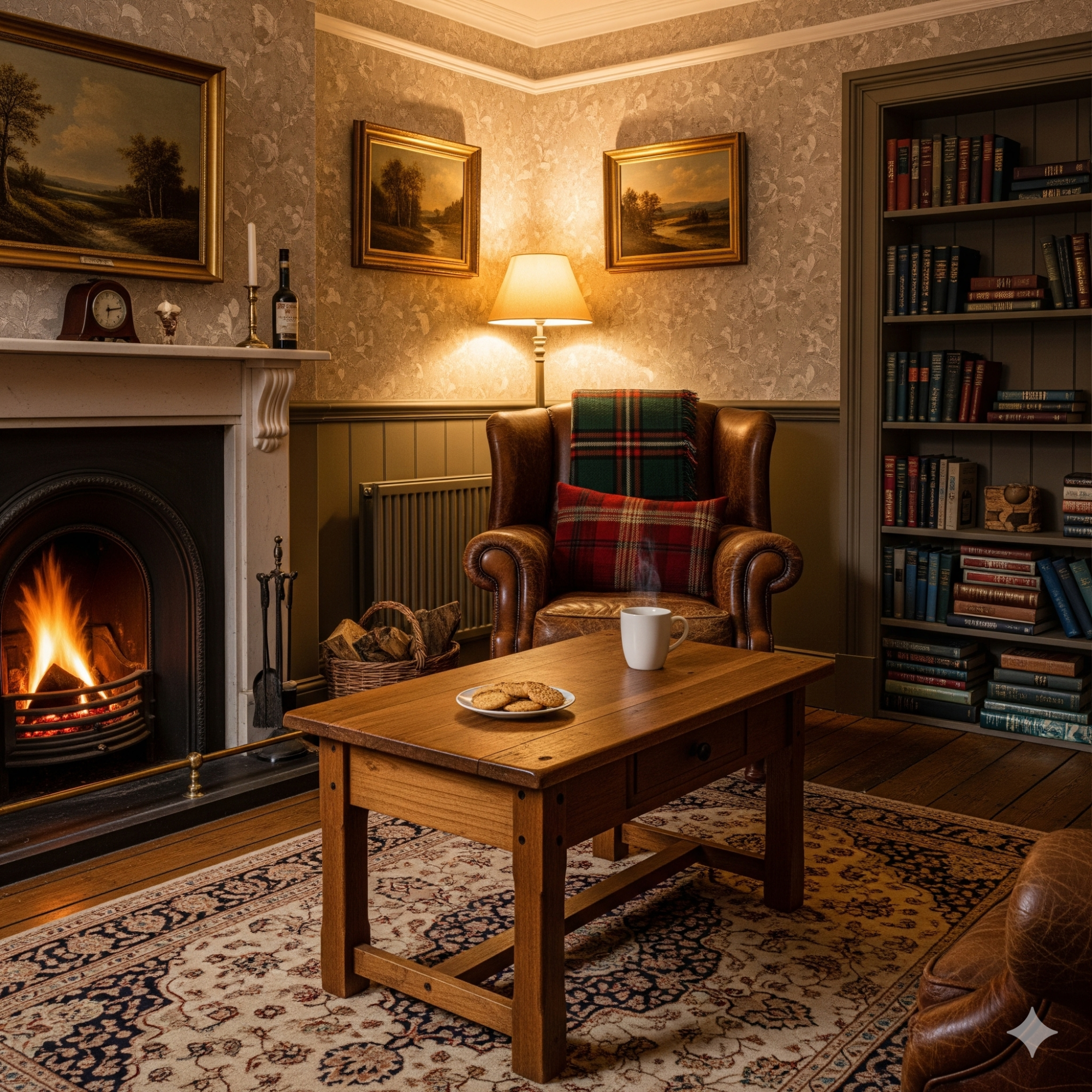 The Classic Cosy Snug Cozy room with a fireplace, a wooden table, and bookshelves, featuring warm lighting.