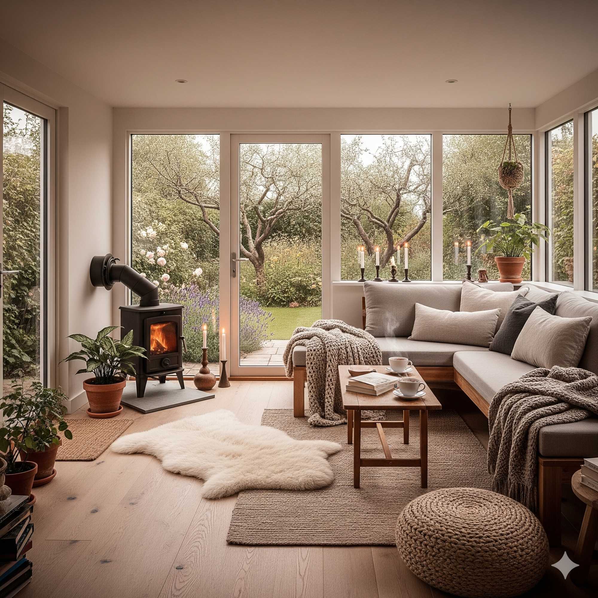 Scandinavian Hygge A cosy living room with a stove, plants, and large windows overlooking a garden.