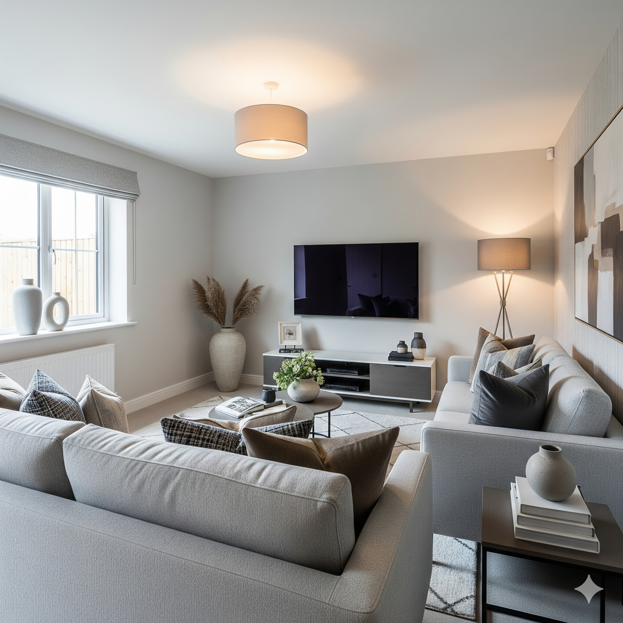 The Modern & Contemporary Lounge Modern living room with neutral tones, comfortable sofas, a TV, and decorative plants.