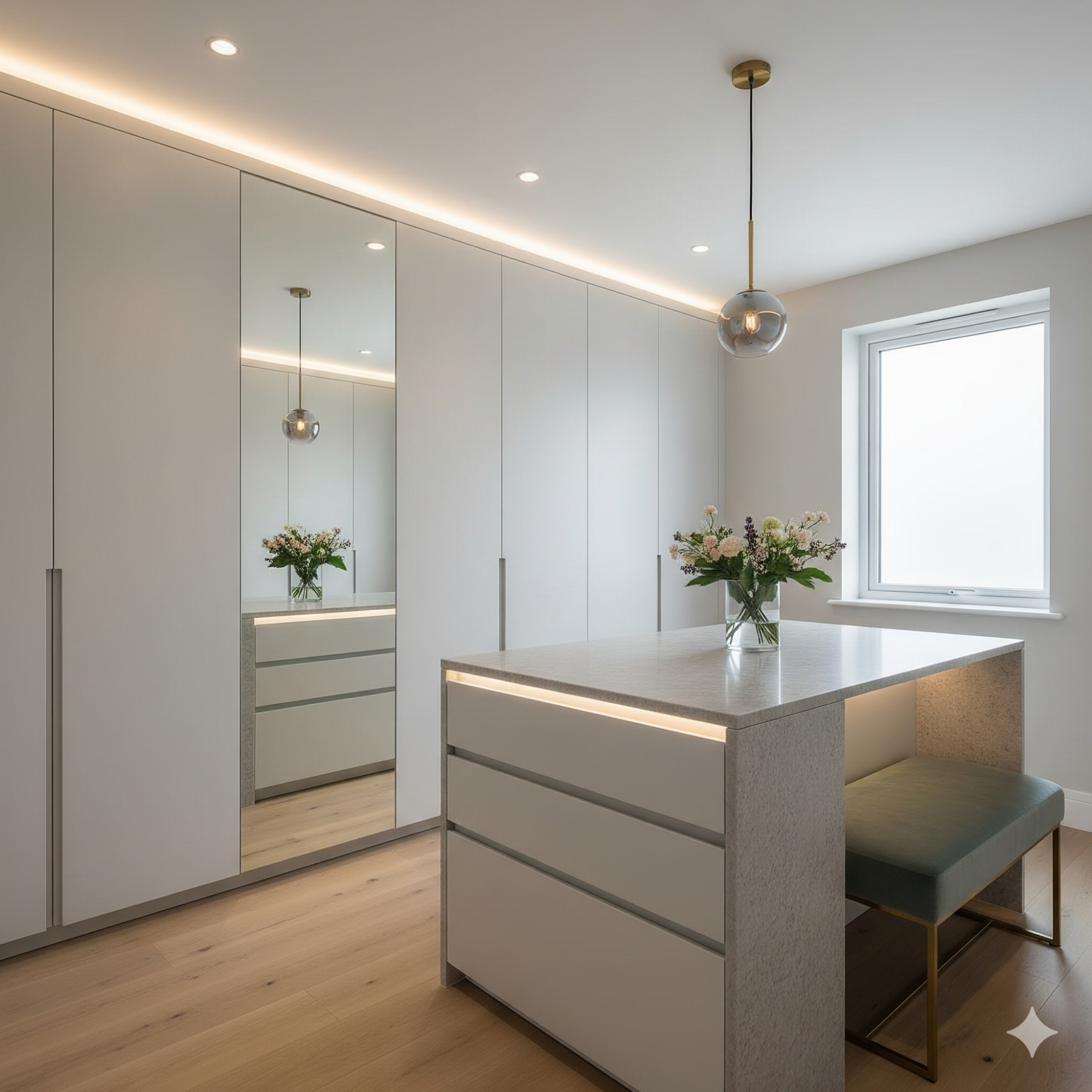 Minimalist & Modern Modern kitchen with a marble island, white cabinetry, and a bouquet of flowers.