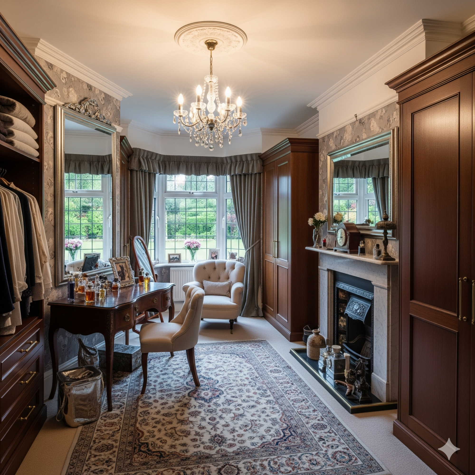 Traditional & Classic A stylish dressing room with a chandelier, mirrors, and elegant furnishings.