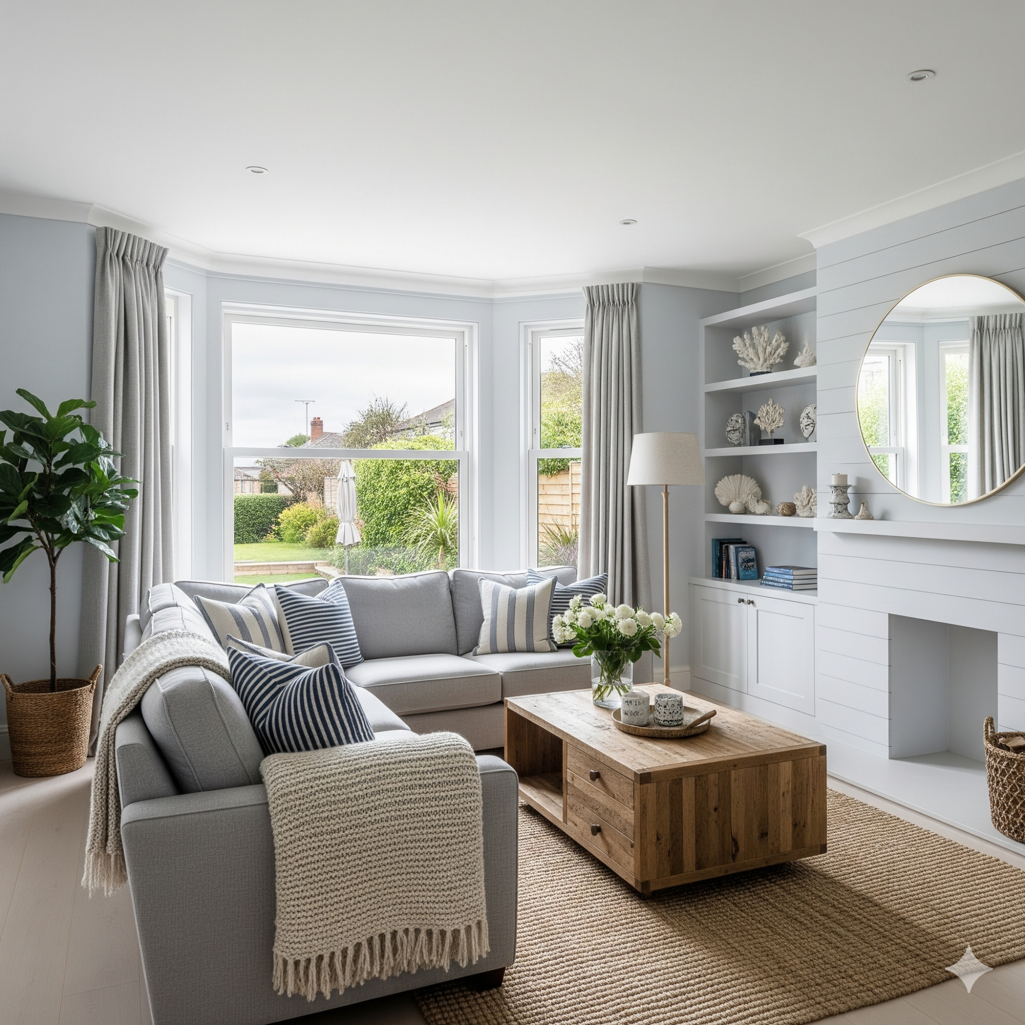 Modern Coastal Bright living room with a sofa, coffee table, plants, and large windows.