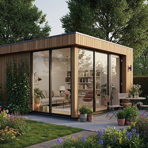 Guide to UK Garden Annex! Modern wooden garden cabin with large windows, surrounded by flowers and outdoor seating.