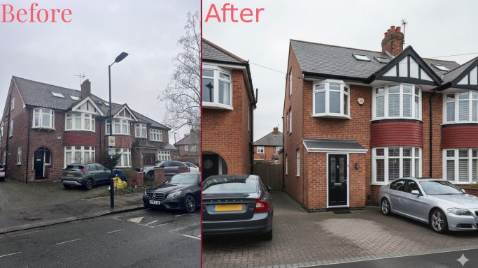 Front porch extension in Ealing, London Side-by-side comparison of a property before and after renovation.