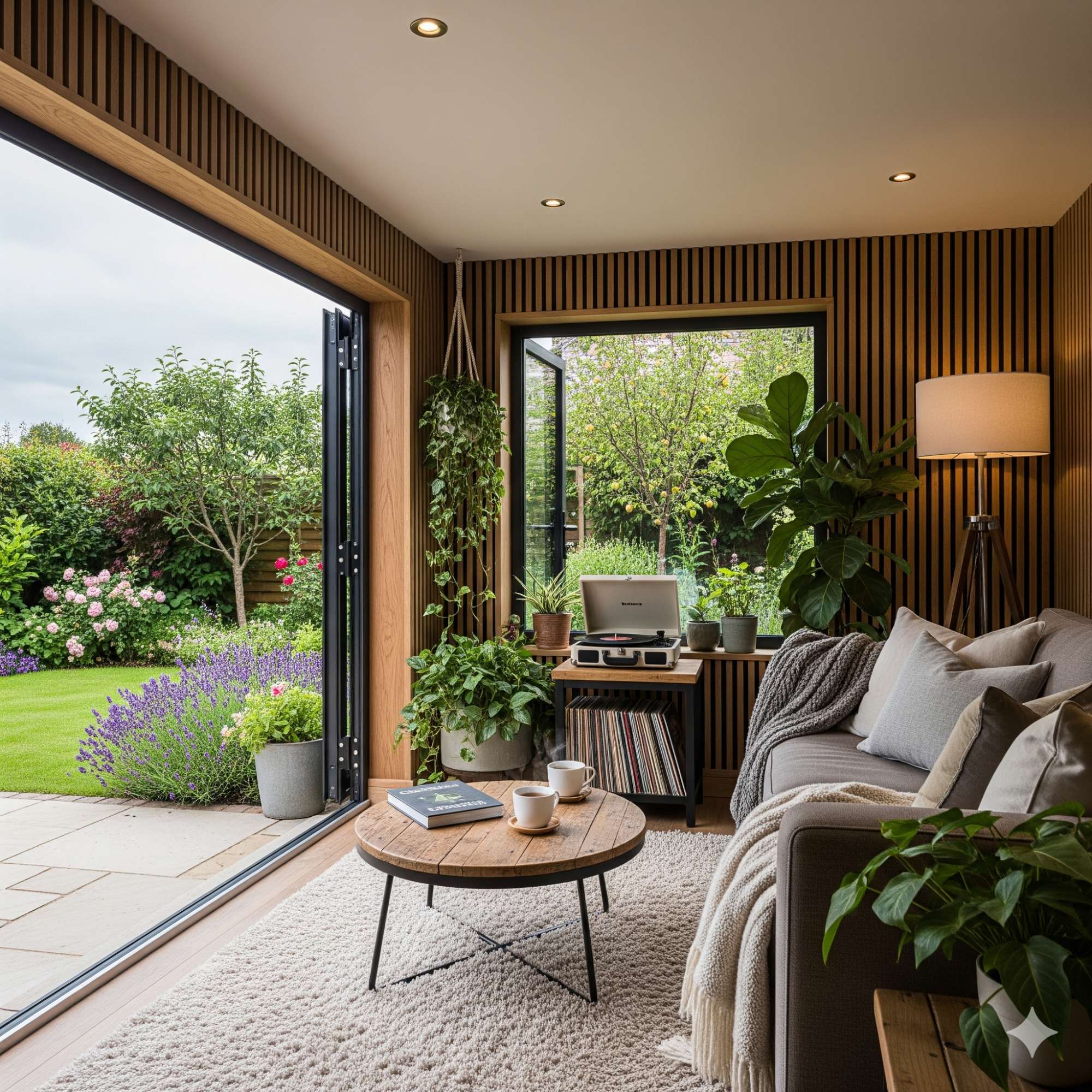 Acoustic Panelling Cosy living room with large windows overlooking a lush garden.