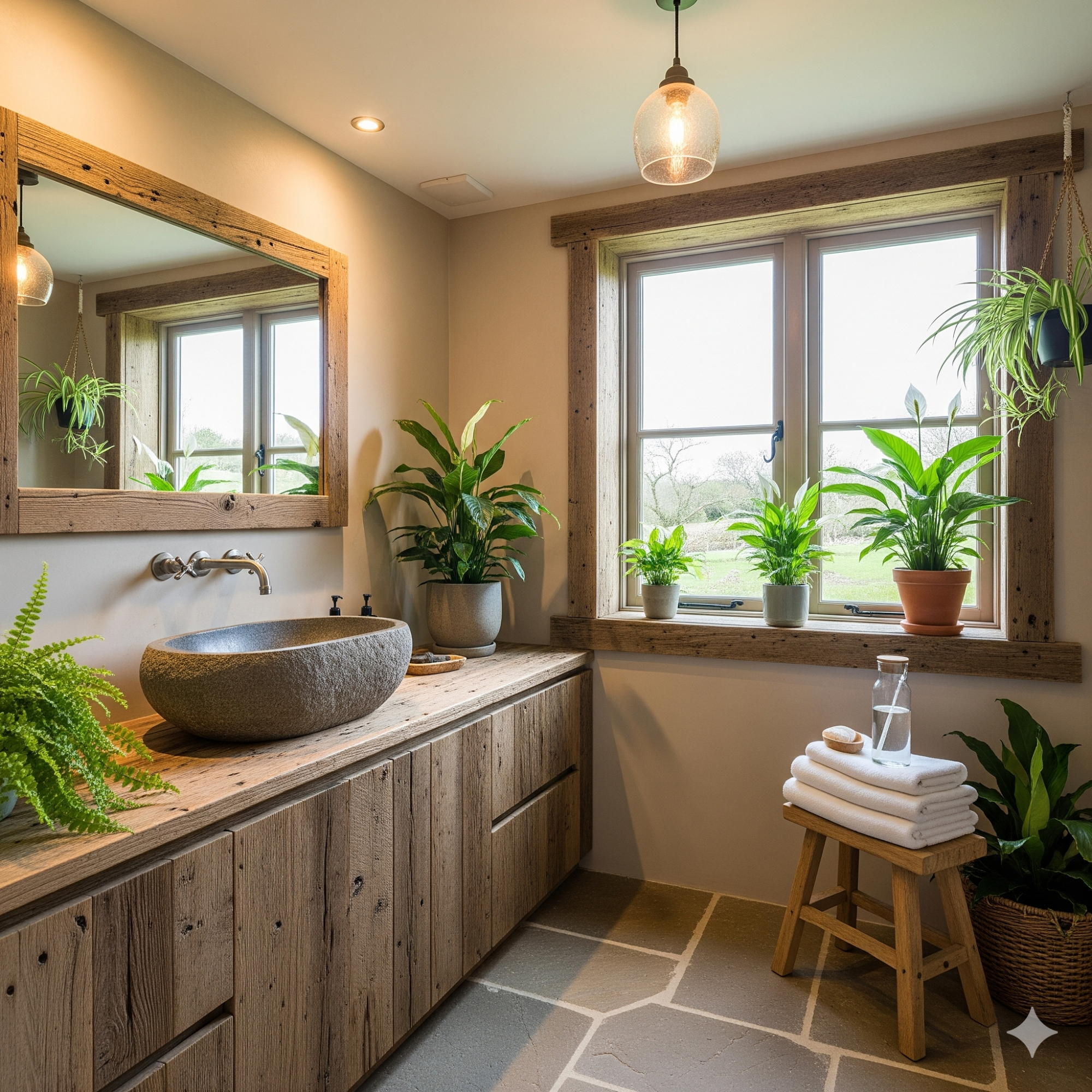 Sustainability Modern bathroom with wooden features, stone basin, plants, and natural light.