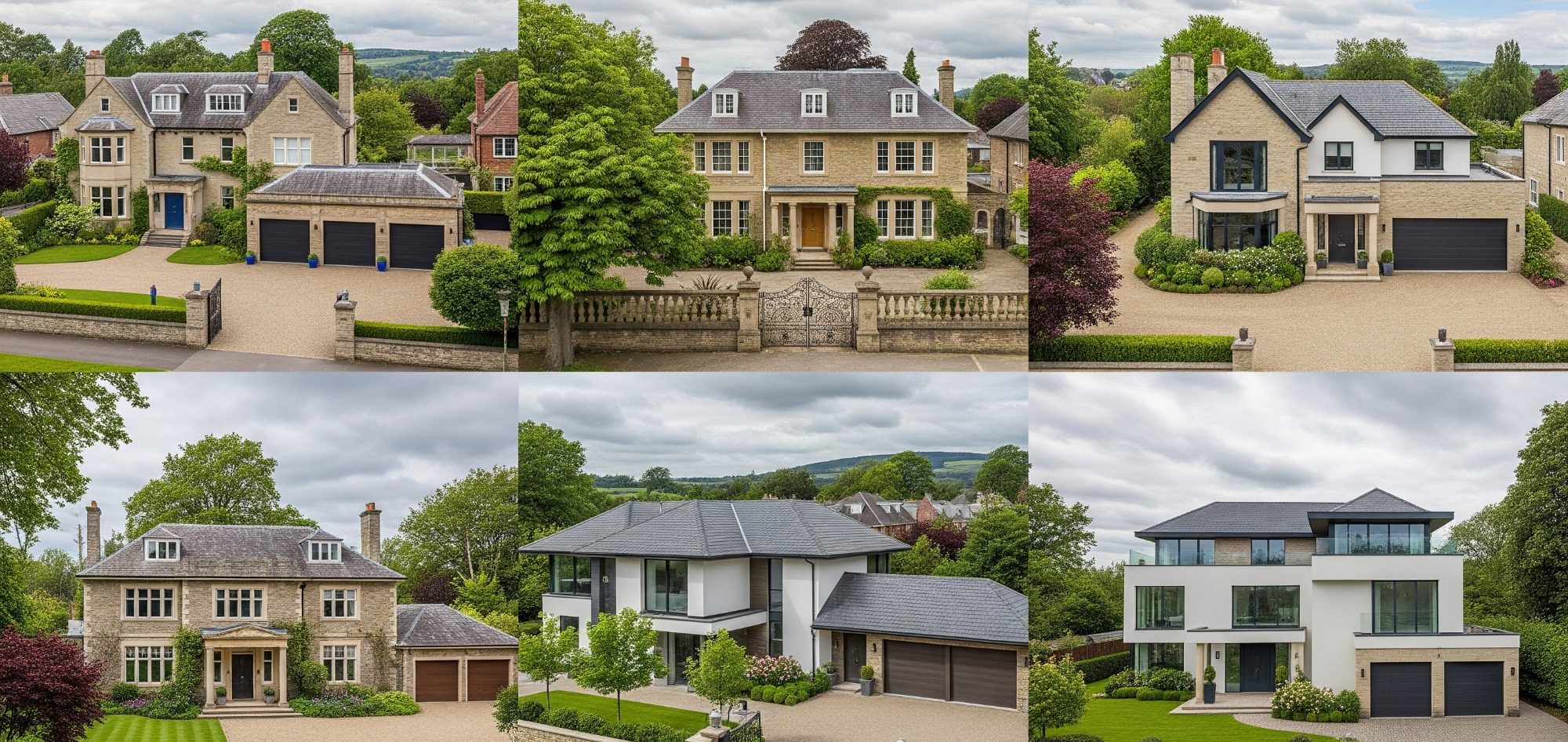 UK luxury homes Collage of six diverse luxury houses set in landscaped surroundings.