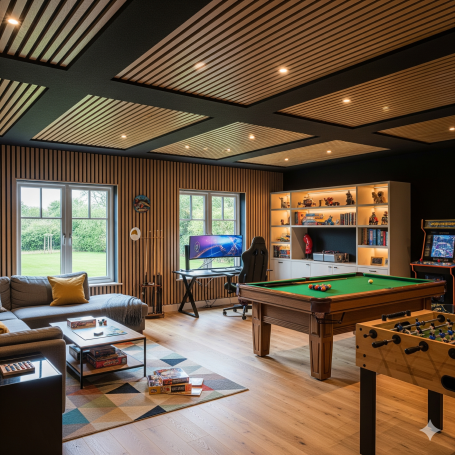 UK large play room A modern games room featuring a pool table, sofa, and work area with gaming setup.