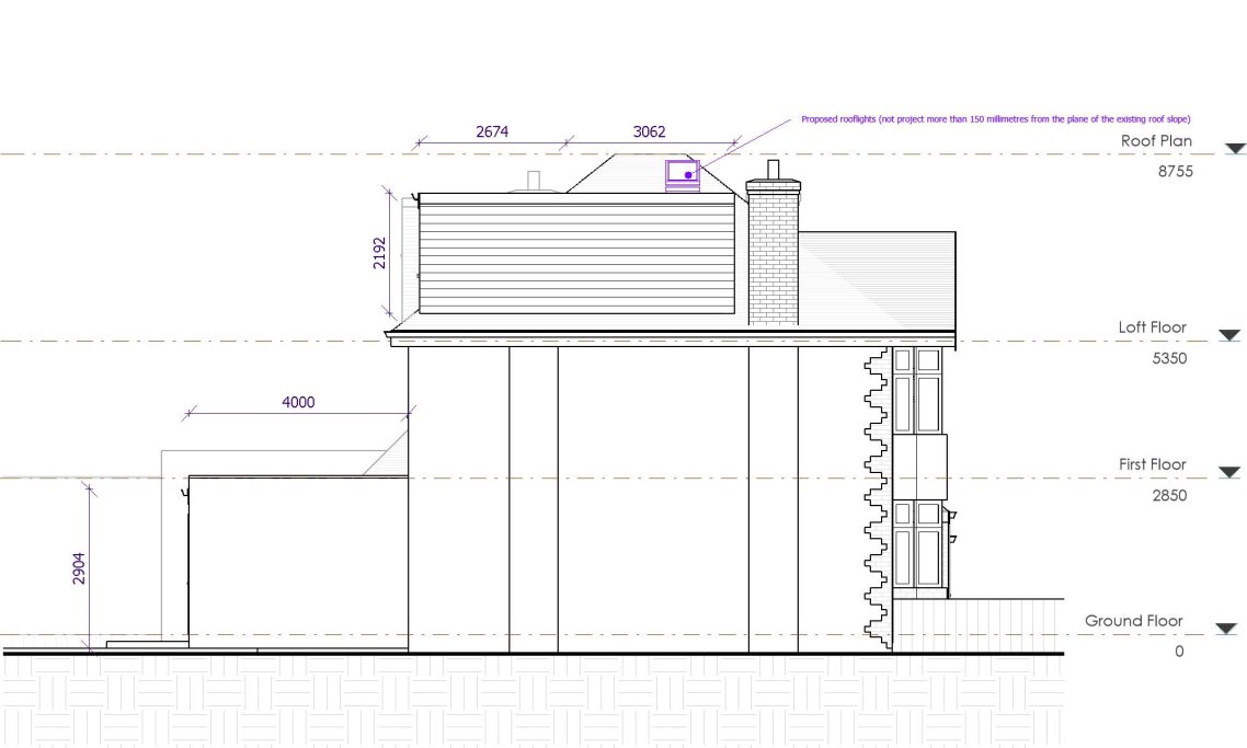 Proposed Side Elevation Side elevation drawing of a building, detailing dimensions and structural elements.