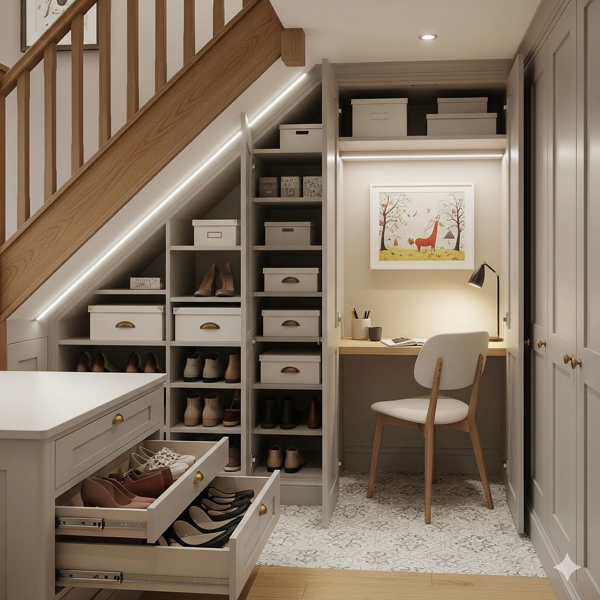 The Clever Under-Stair Storage A stylish under-stair storage area with shelves, a desk, and lighted shoe storage.