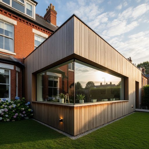 Modern wooden extension with large glass windows, surrounded by a garden.