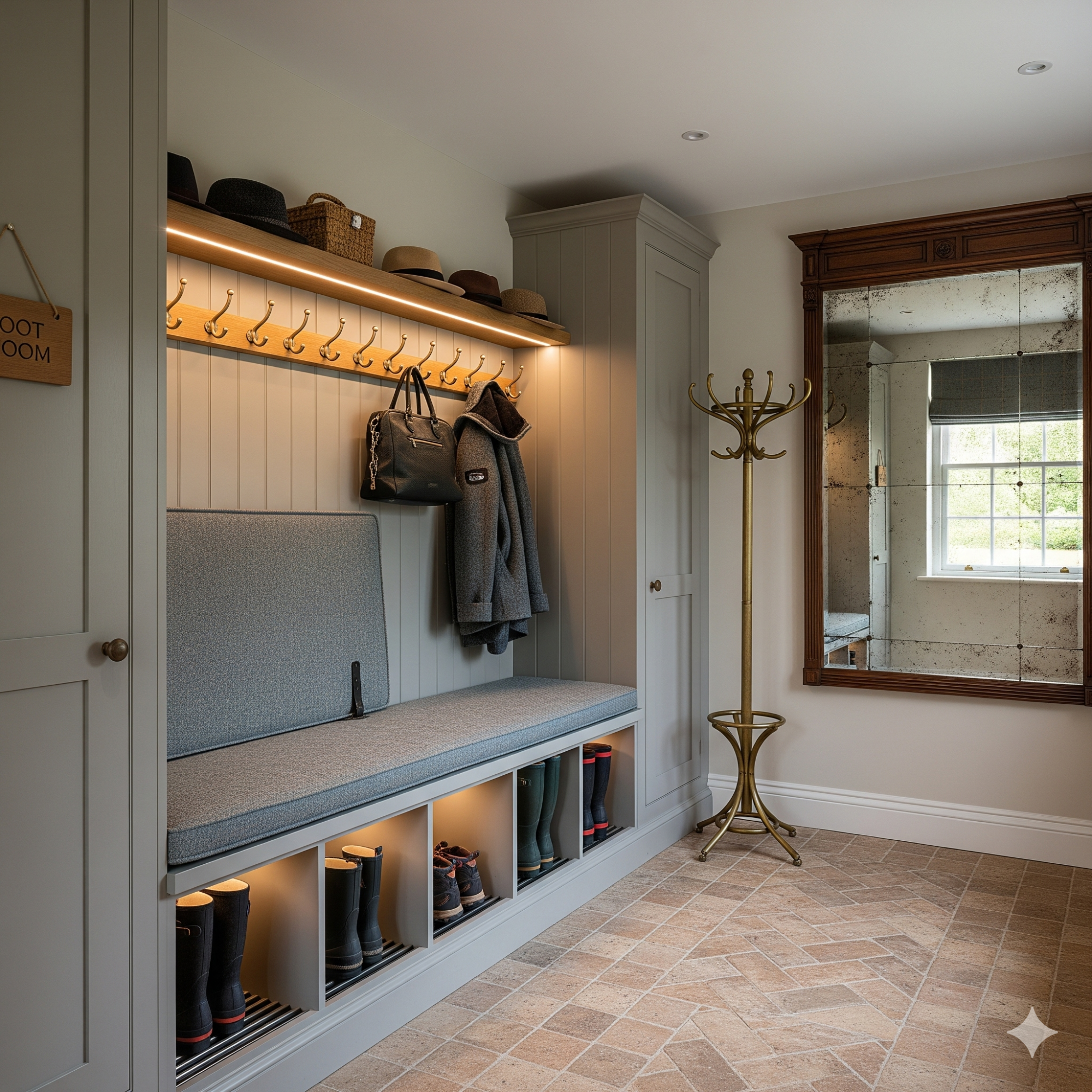 Custom-Made Joinery Stylish hallway with a bench, coat hooks, shelves, and a large mirror.