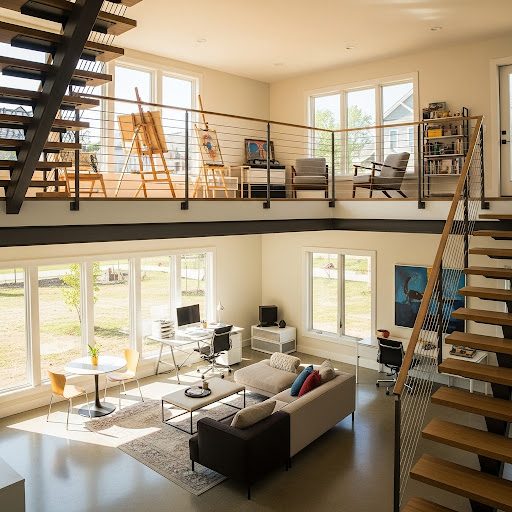 Modern interior of a multi-level home featuring a living area and workspace.