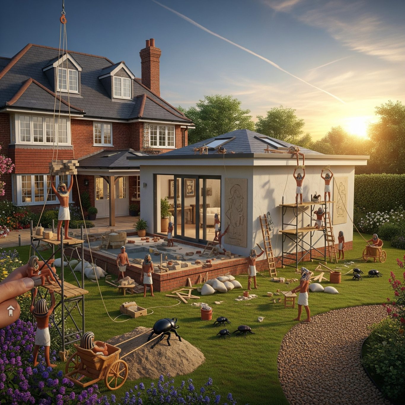 Garden Annex Modern house with a garden, featuring landscaping elements and a sunset backdrop.