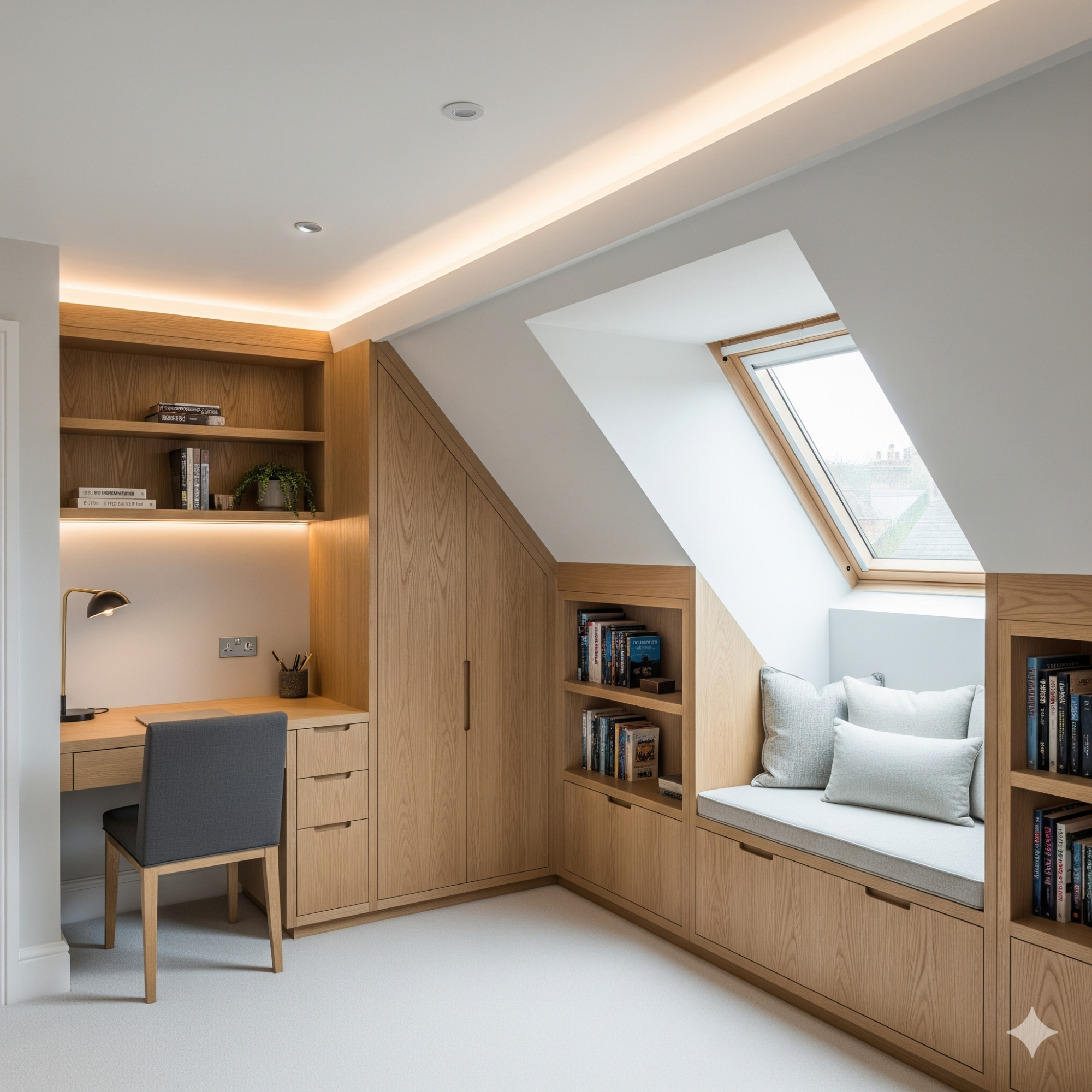Bespoke Joinery Modern home office with a slanted ceiling, wooden shelves, and a reading nook by a window.