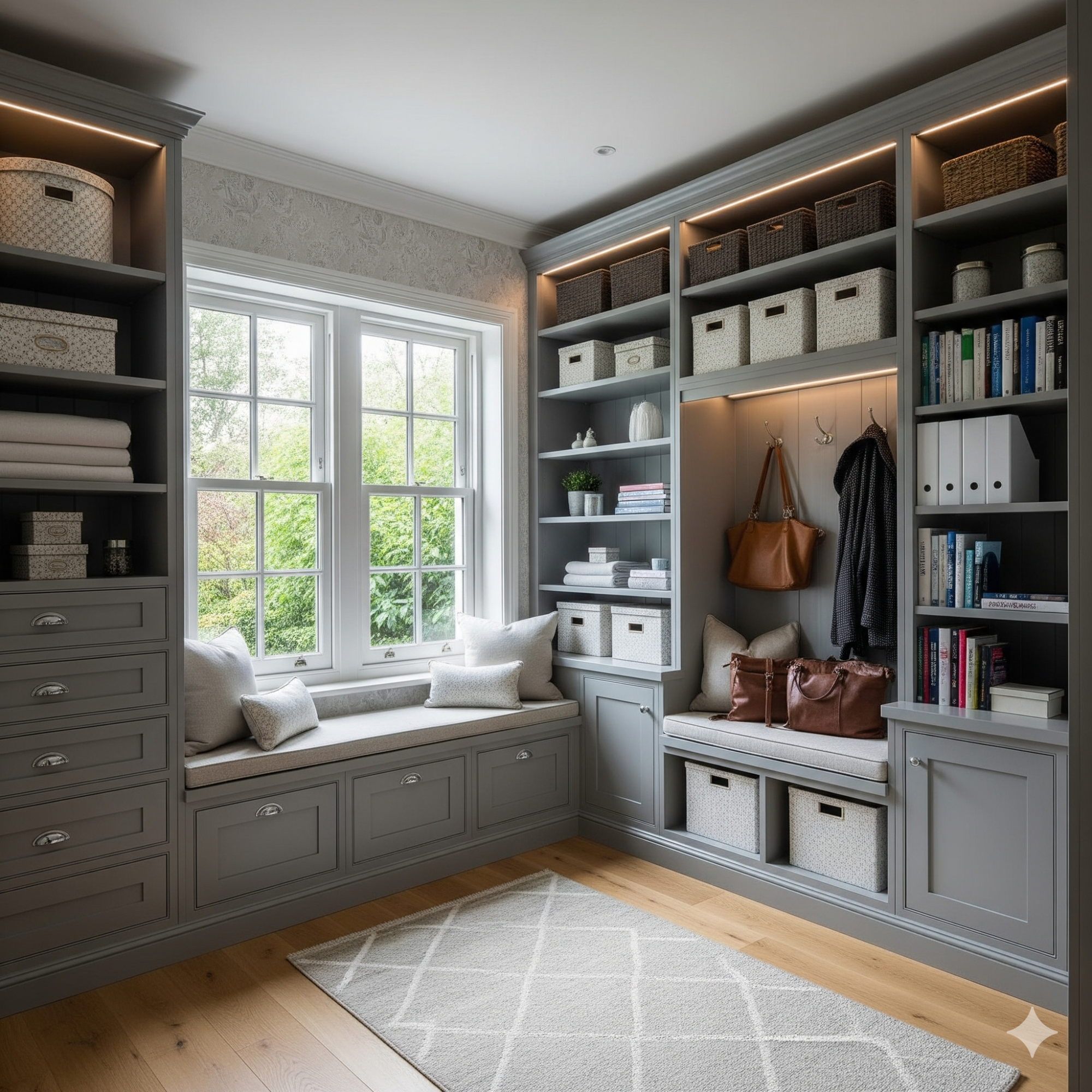 Bespoke Stylish grey shelving unit with storage boxes, a bench, and natural light from the windows.