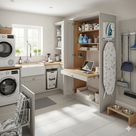 UK utility room Modern laundry room featuring washer, dryer, and ironing station with organised storage.